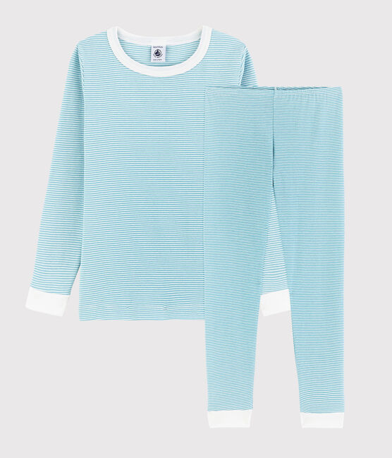 Pyjama snugfit rayé bleu petit garçon en coton bleu TIKI/blanc MARSHMALLOW