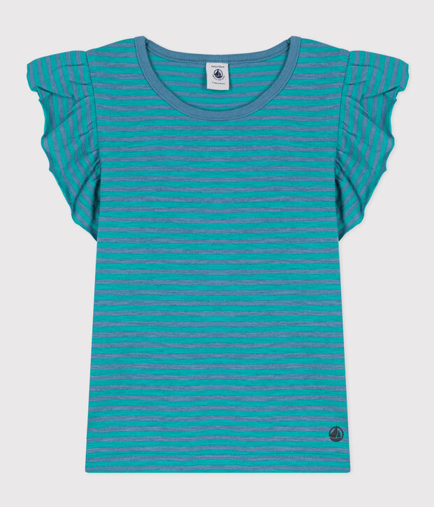 Tee-shirt ray&eacute; en coton enfant fille bleu/vert