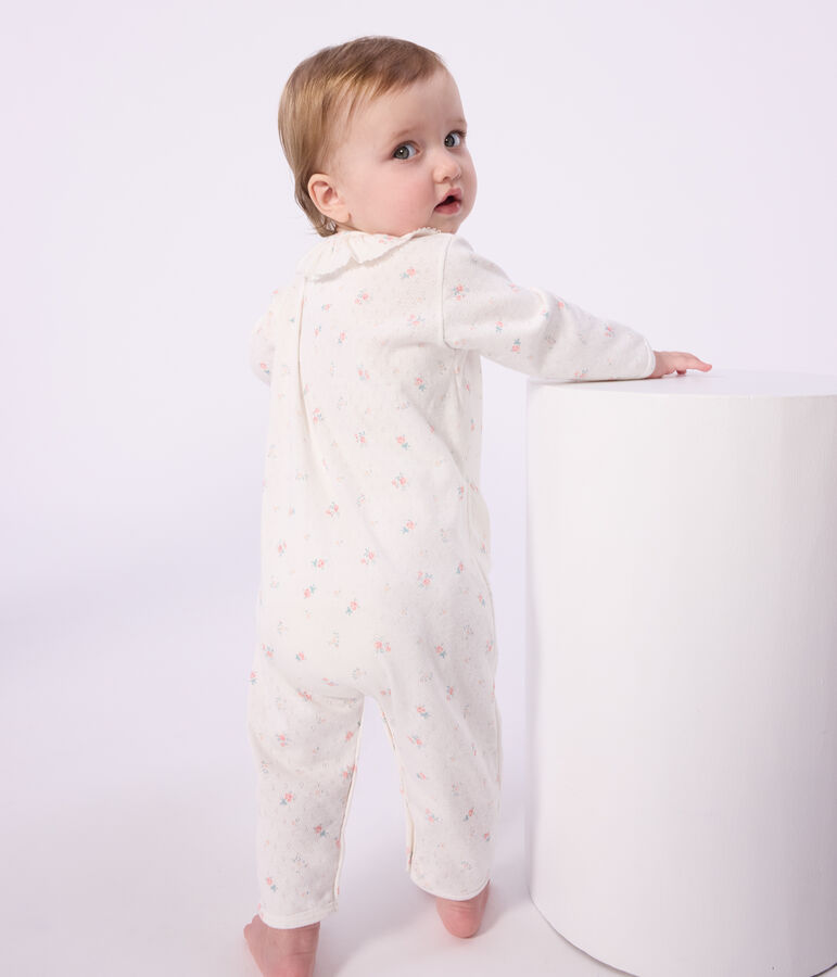 Pyjama b&eacute;b&eacute; en coton ajour&eacute; sans pieds avec col imprim&eacute; fleuri blanc MARSHMALLOW/blanc MULTICO
