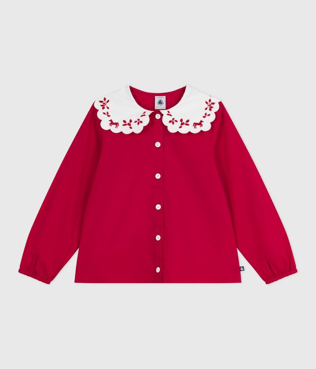 Blouse enfant en popeline de coton manches longues imprim&eacute;e rouge