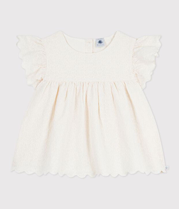 Blouse enfant en coton manches courtes motifs c&oelig;urs blanc