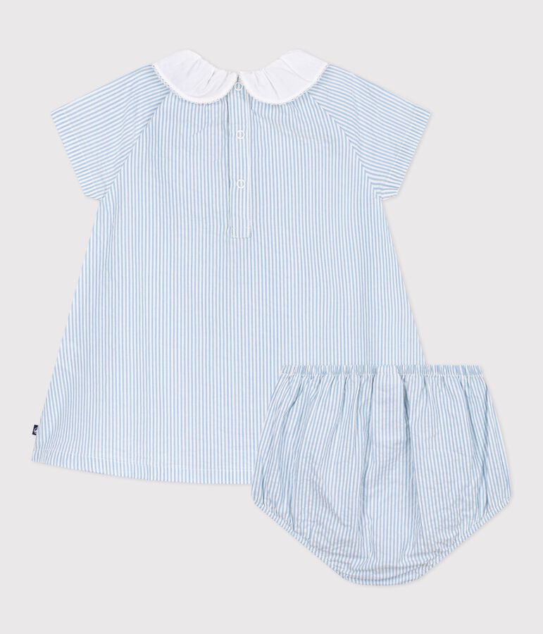 Robe b&eacute;b&eacute; en coton manches courtes et son bloomer, ray&eacute;s bleu MARSHMALLOW/ FLO