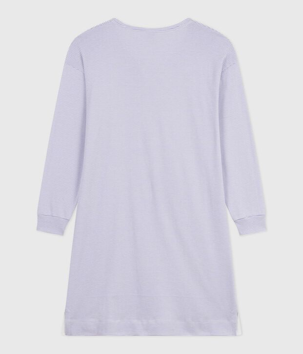 Chemise de nuit femme en coton &agrave; rayures violet/blanc