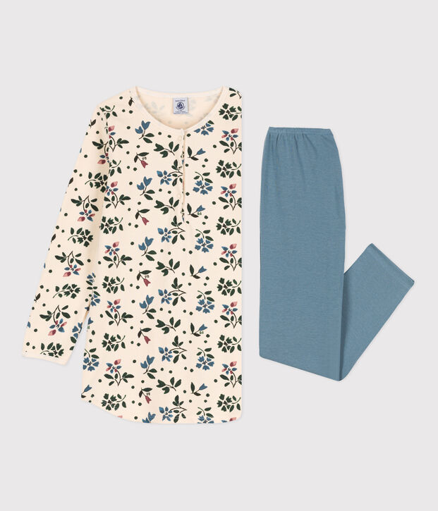 Chemise de nuit et legging fleur petite fille en molleton et en coton &eacute;cru/multicouleur