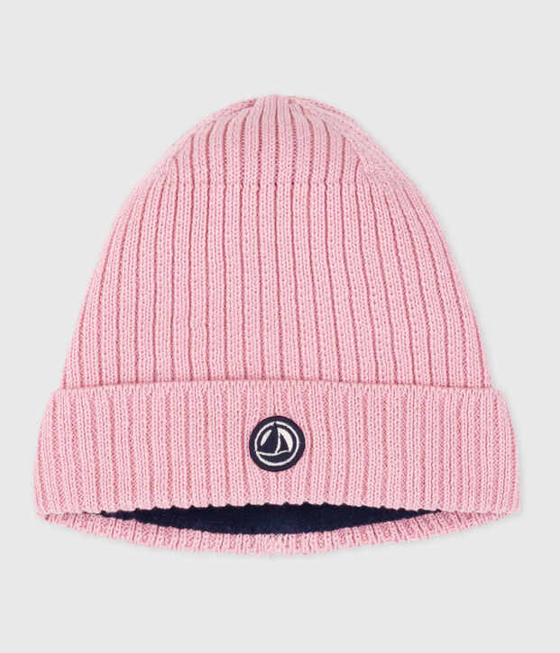 Bonnet enfant en tricot doubl&eacute; en polaire rose