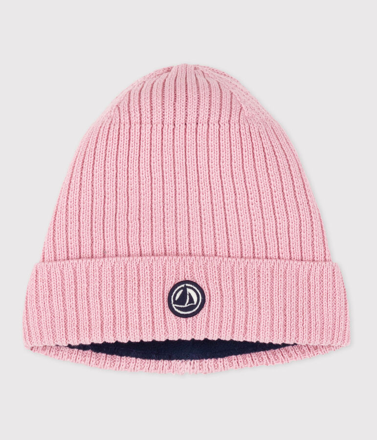 Bonnet enfant en tricot doubl&eacute; en polaire rose