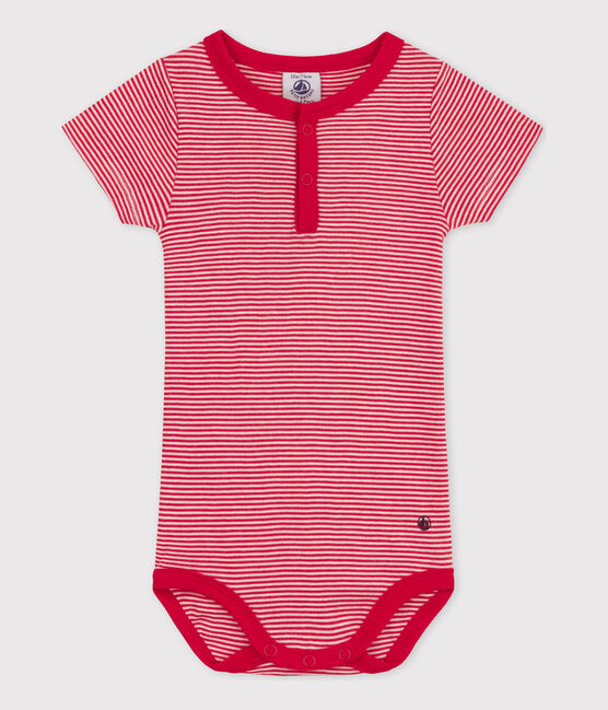 Body manches courtes bébé rayé milleraies en coton rouge CORRIDA/blanc MARSHMALLOW