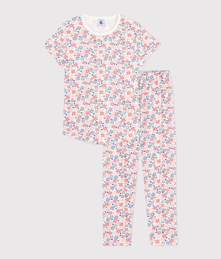 Pyjama enfant en coton manches courtes et jambes longues imprim&eacute; blanc MARSHMALLOW/blanc MULTICO