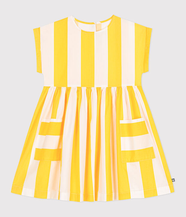 Robe enfant en coton manches courtes &agrave; rayures blanc/jaune
