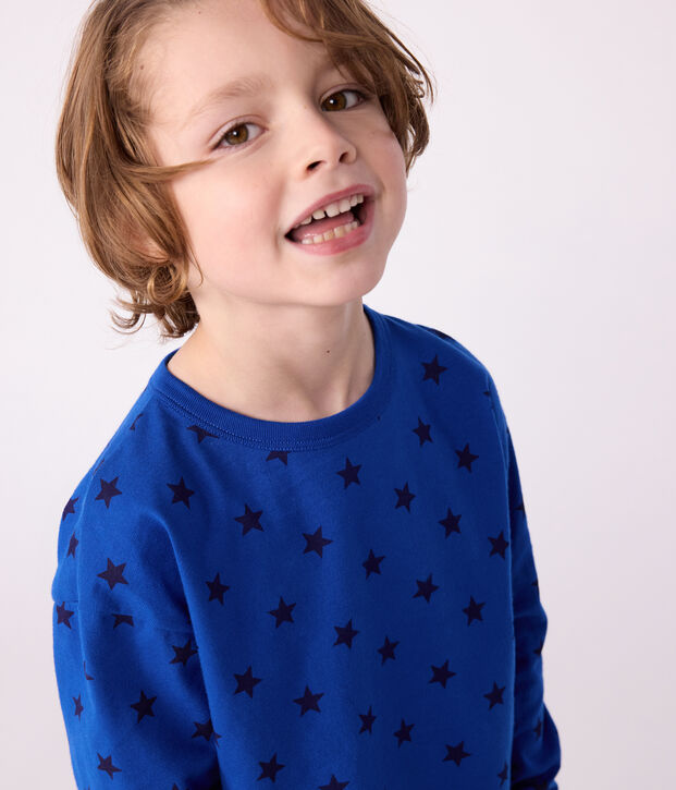 Tee-shirt enfant manches longues en coton imprim&eacute; bleu/bleu