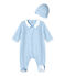 Dors bien bébé et son bonnet de naissance bleu TOUDOU/blanc ECUME