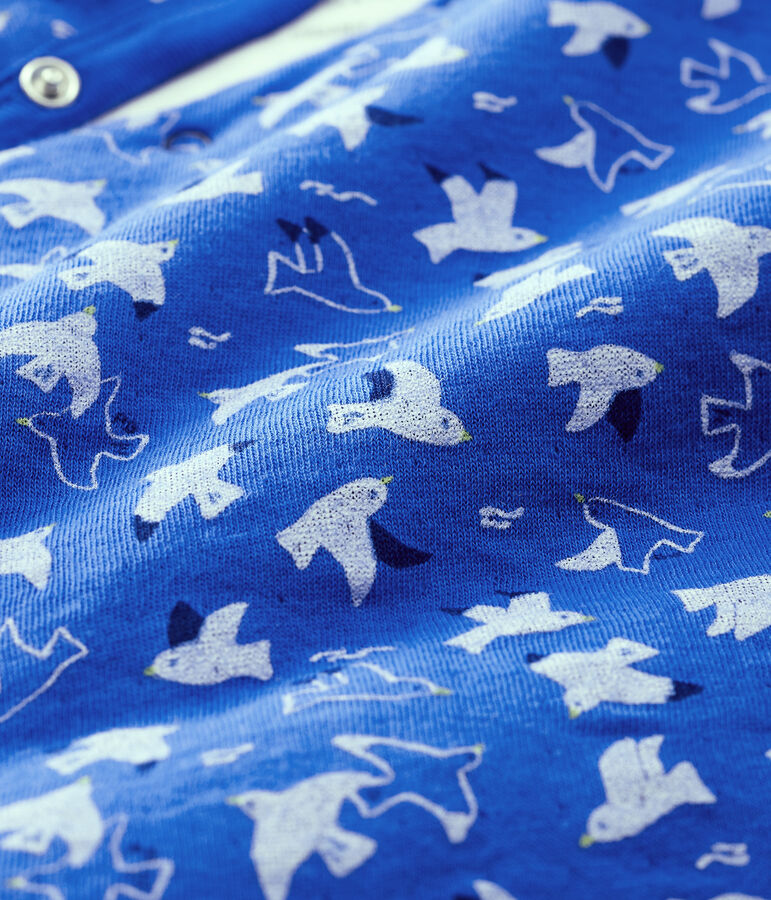 Combinaison longue oiseaux b&eacute;b&eacute; en tubique matelass&eacute; en coton biologique bleu COOL/&eacute;cru MULTICO
