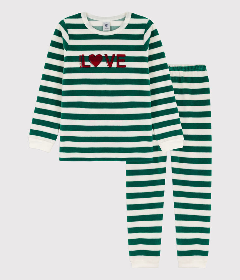 Pyjama  ray&eacute; en velours enfant vert/blanc