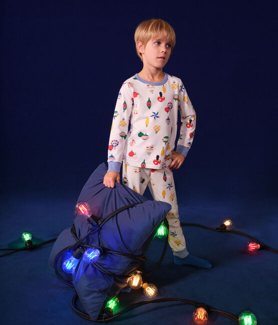 Pyjama en molleton gratté imprimé boules de Noël enfant blanc MARSHMALLOW/blanc MULTICO
