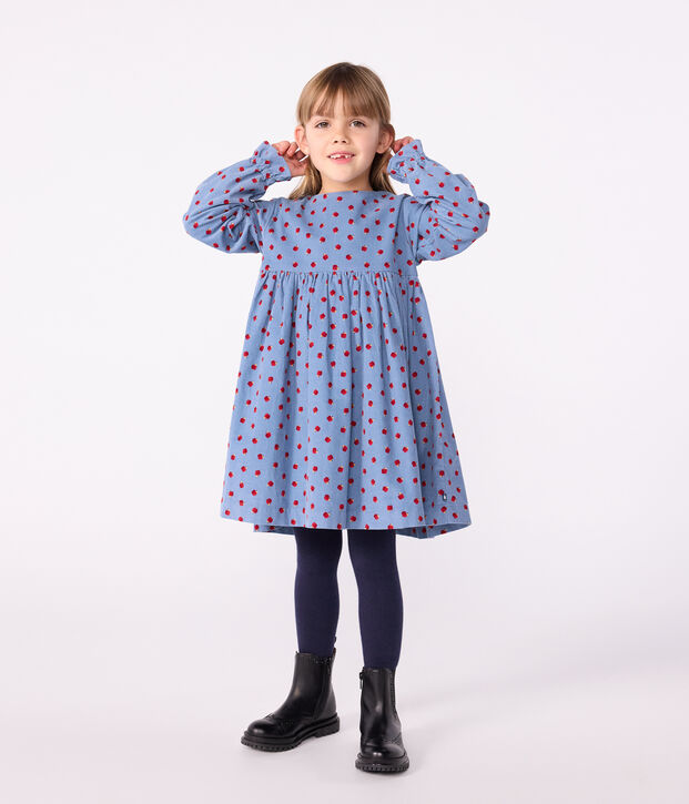 Robe enfant manches longues en velours imprim&eacute; bleu/multicouleur