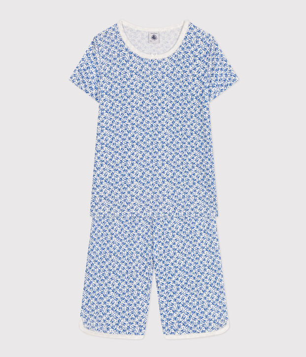 Pyjama capri imprim&eacute; fleur en coton enfant blanc/bleu