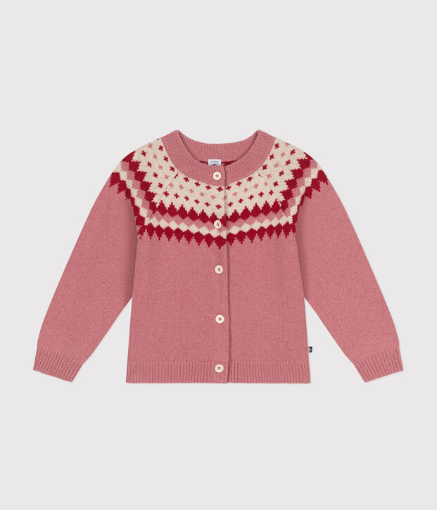 Cardigan jacquard laine et coton enfant fille rose/&eacute;cru