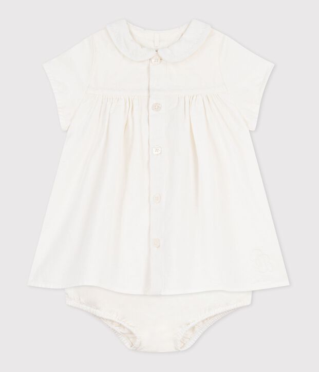 Robe b&eacute;b&eacute; en coton/lin avec son bloomer, avec d&eacute;tail brod&eacute; blanc