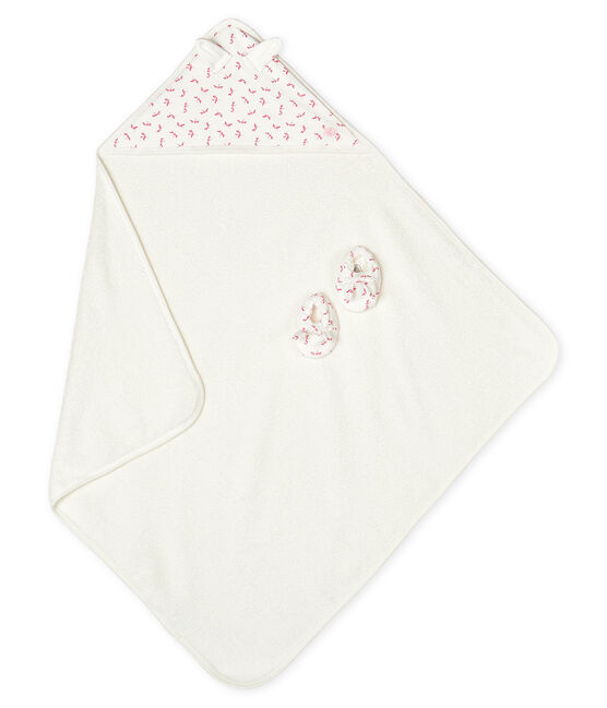 Coffret carré de bain et chaussons bébé en éponge et côte blanc MARSHMALLOW/rose GROSEILLER