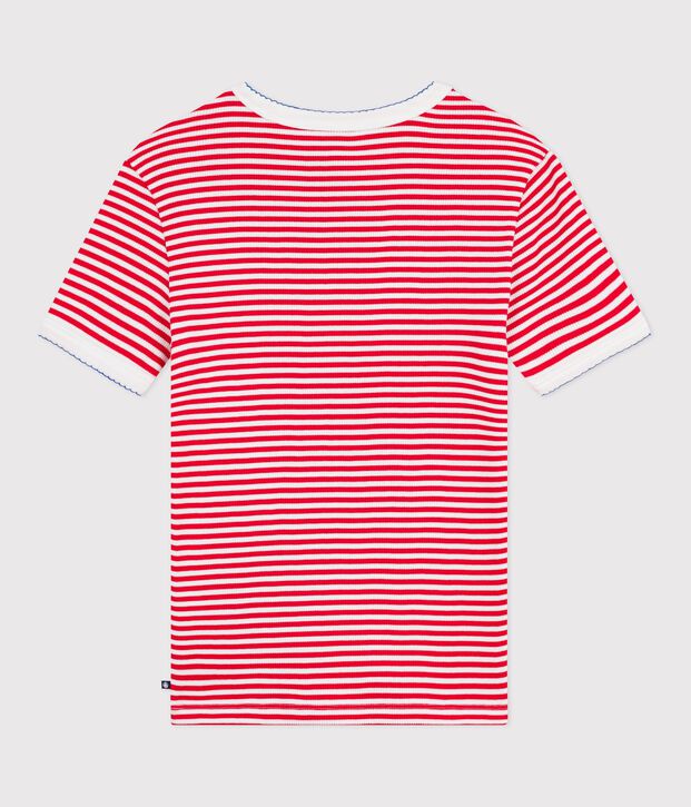 Tee-shirt femme en coton manches courtes &agrave; rayures rouge/blanc