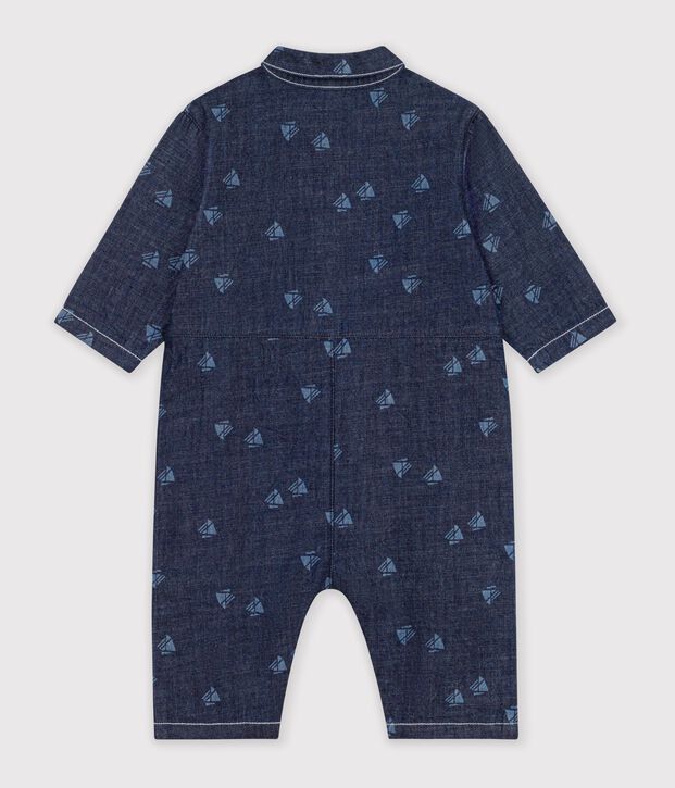 Combinaison longue b&eacute;b&eacute; en denim imprim&eacute; bateaux bleu/&eacute;cru