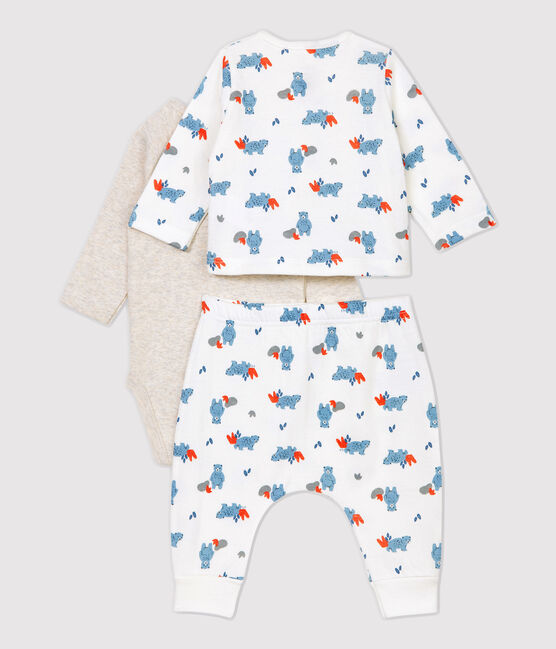 Ensemble 3 pièces imprimé ours bébé en coton biologique blanc MARSHMALLOW/blanc MULTICO
