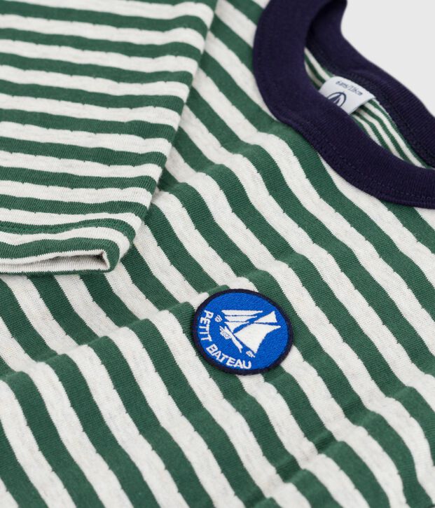 Tee-shirt enfant manches longues en coton ray&eacute; vert/beige/vert
