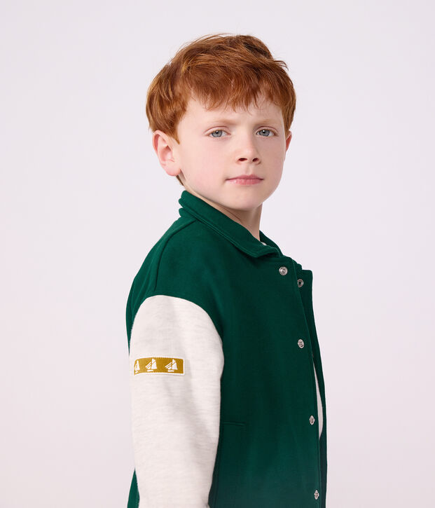 Veste teddy enfant en coton uni colorblock vert/beige