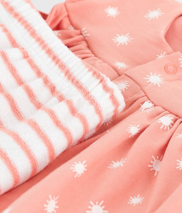 Ensemble naissance deux pi&egrave;ces en coton, imprim&eacute; soleils orange/blanc