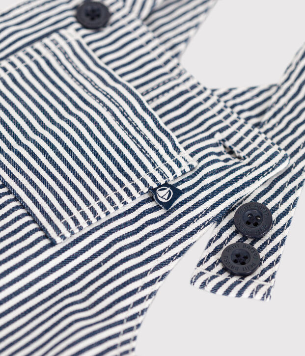 Salopette longue en toile b&eacute;b&eacute; bleu/blanc