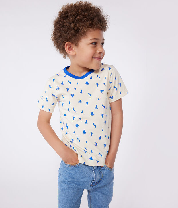 Teeshirt enfant en coton manches courtes imprim&eacute; &eacute;cru/bleu