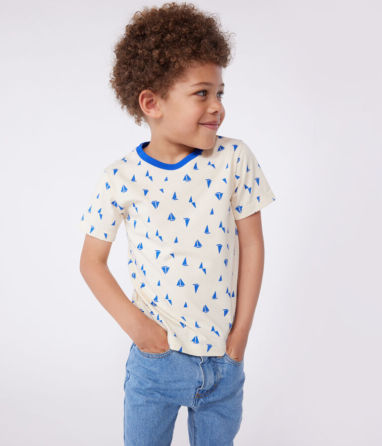 Teeshirt enfant en coton manches courtes imprim&eacute; &eacute;cru/bleu