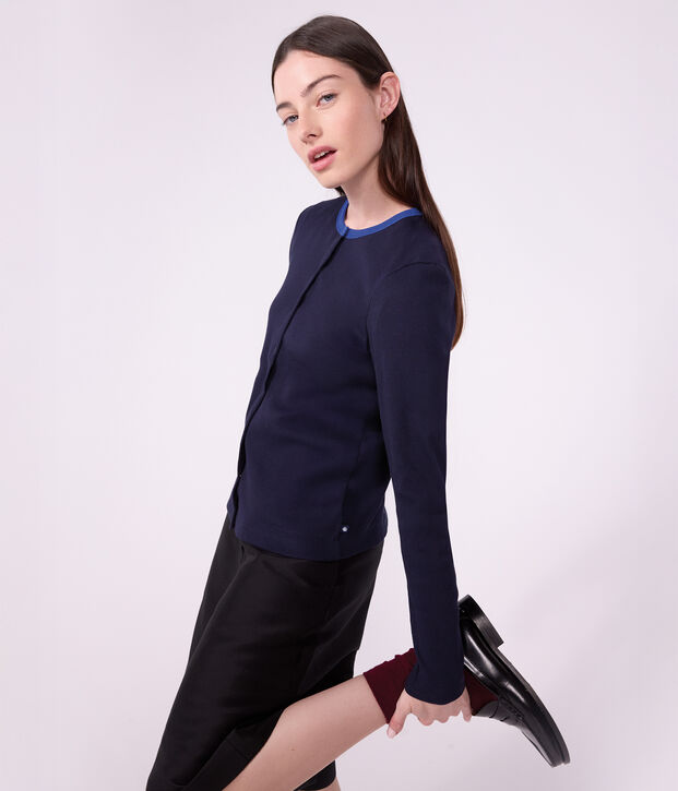 Cardigan femme en coton uni bleu marine