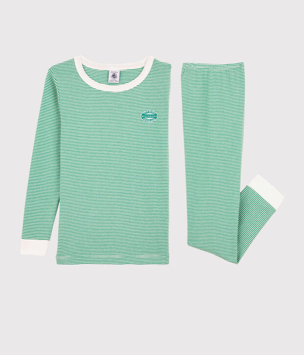 Pyjama snugfit &agrave; rayures vertes petit gar&ccedil;on en coton biologique vert/blanc