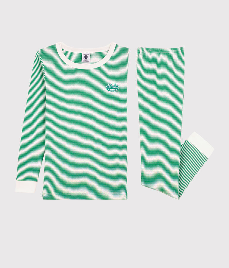 Pyjama snugfit &agrave; rayures vertes petit gar&ccedil;on en coton biologique vert/blanc