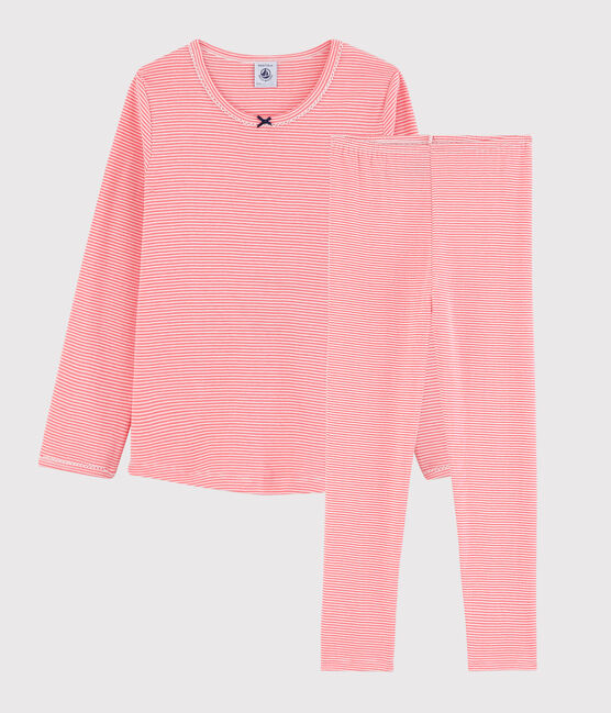 Pyjama à rayures milleraies petite fille en coton rose PEACHY/blanc MARSHMALLOW