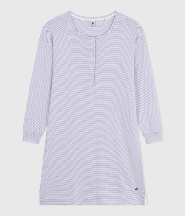 Chemise de nuit femme en coton &agrave; rayures violet/blanc