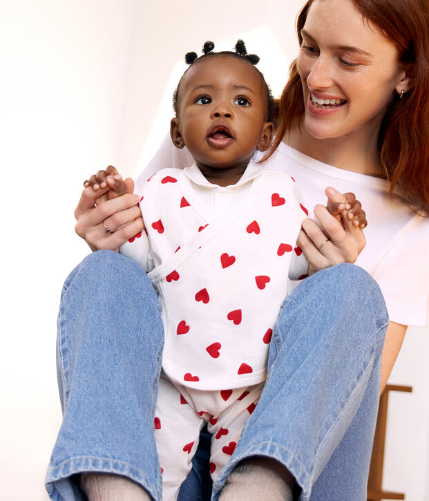 Ensemble b&eacute;b&eacute; 3 pi&egrave;ces cache-coeur imprim&eacute; c&oelig;urs en coton blanc/rouge
