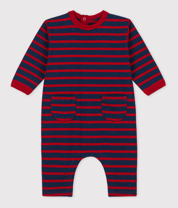 Combinaison b&eacute;b&eacute; ray&eacute;e marini&egrave;re en jersey &eacute;pais bleu/rouge
