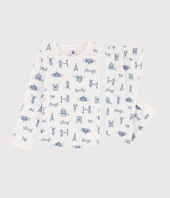 Pyjama enfant imprimé Paris en côte blanc MARSHMALLOW/bleu MAJOR
