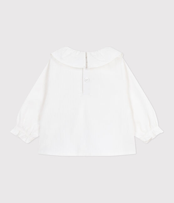 Blouse bébé en popeline de coton manches longues, à col et brodée blanc ECUME