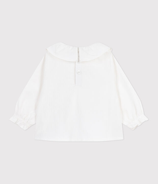 Blouse b&eacute;b&eacute; en popeline de coton manches longues, &agrave; col et brod&eacute;e blanc