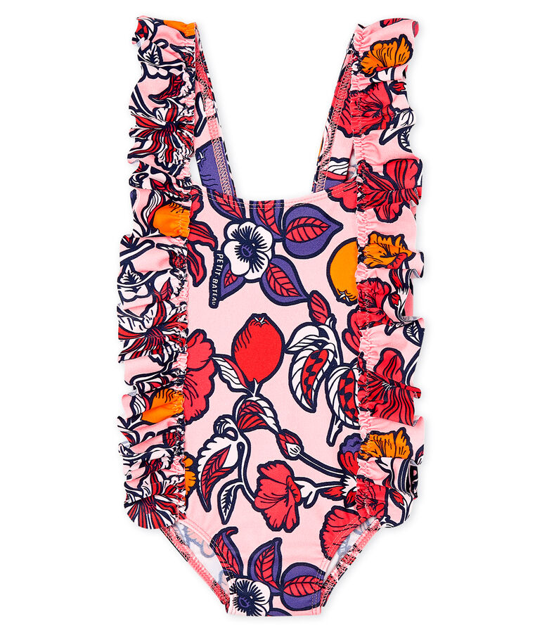 Maillot de bain 1 pi&egrave;ce &eacute;coresponsable b&eacute;b&eacute; fille rose MERVEILLE/blanc MULTICO
