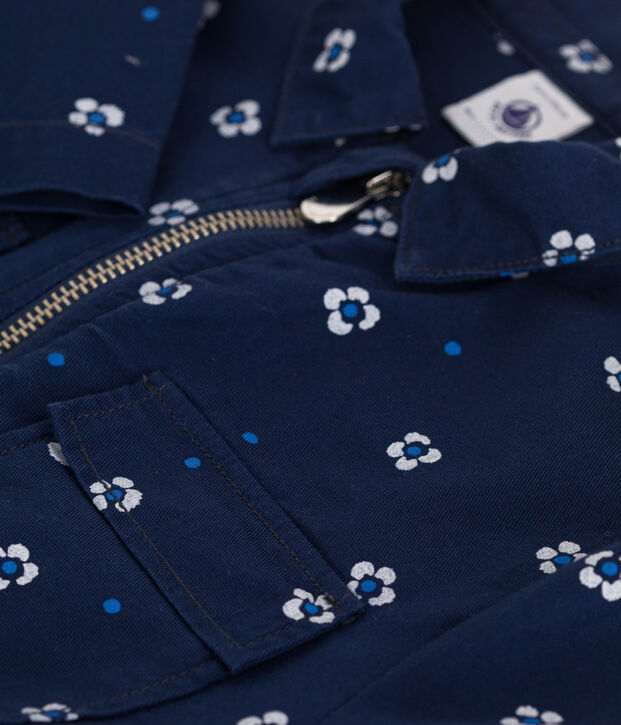 Combinaison enfant en coton manches longues fleurie bleu/blanc