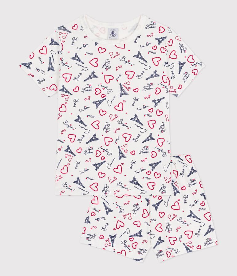 Pyjama short enfant en coton imprim&eacute; Paris blanc MARSHMALLOW/blanc MULTICO
