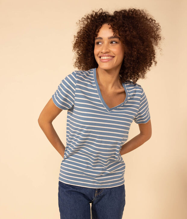 Tee-shirt LE DROIT col V en coton Femme bleu/&eacute;cru