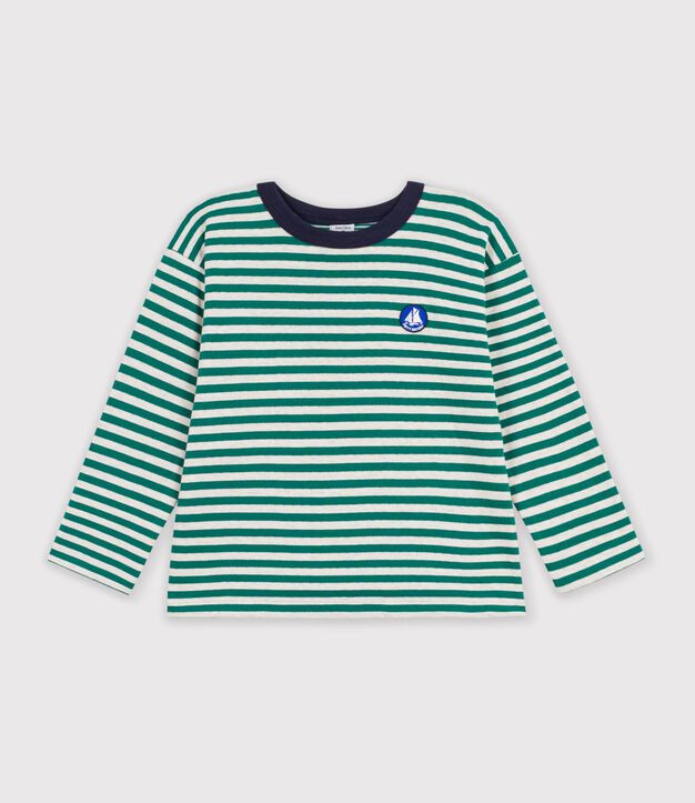 Tee-shirt enfant manches longues &agrave; rayures vert/beige/vert