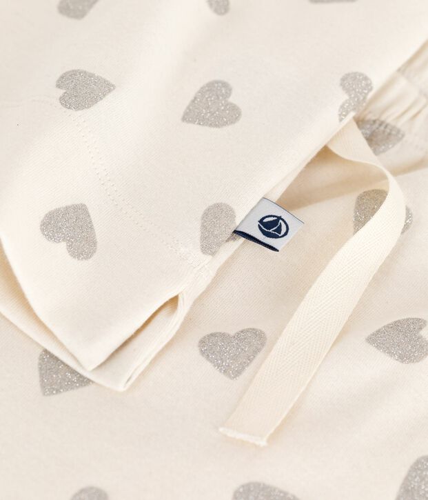 Pyjama femme en coton manches courtes jambes larges imprim&eacute; c&oelig;urs &eacute;cru/gris