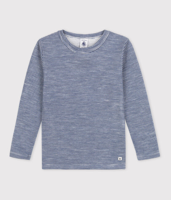 Tee-shirt manches longues milleraies petite fille/petit garçon  en laine et coton bleu MEDIEVAL/blanc MARSHMALLOW