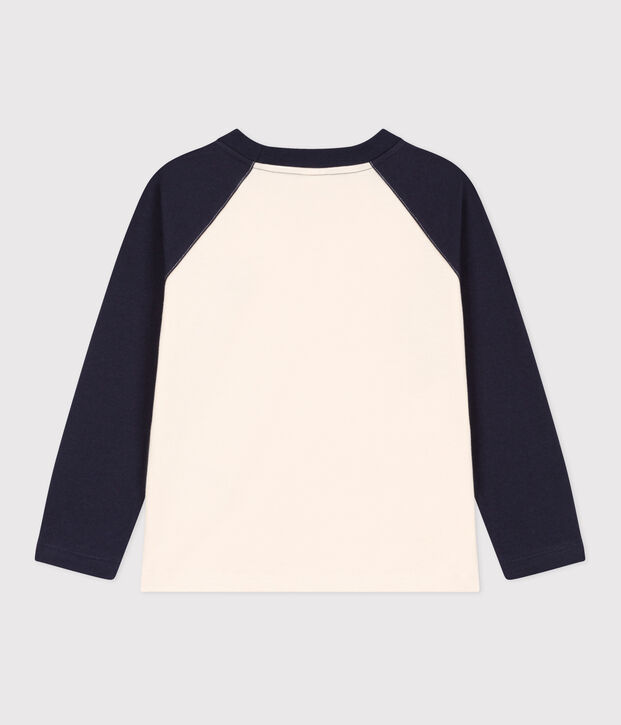 Tee-shirt manches longues en coton enfant gar&ccedil;on &eacute;cru/bleu
